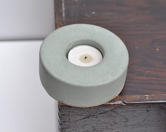 Concrete Tealight Holder: Handmade Ash Green Brutalist Desk Ornament