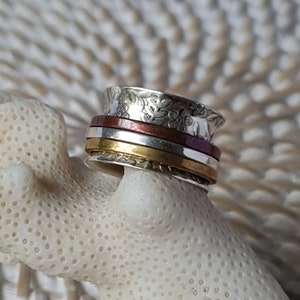 Rustic Sterling Silver Fidget Ring: Brass & Copper Spinner, Anxiety Jewelry