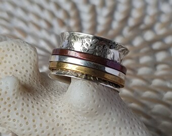 Rustic Sterling Silver Fidget Ring: Brass & Copper Spinner, Anxiety Jewelry