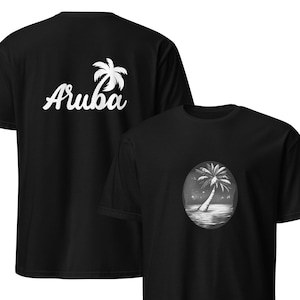 Aruba Palm Tree Graphic T-Shirt | Unisex Island Vacation Tee | Beach & Travel Graphic Tee | Aruba Logo Back | Tropical Sunset Shirt