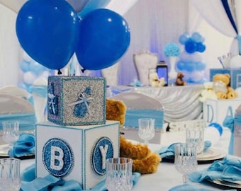 2pc. Set- Baby Block centerpieces | light blue /white baby blocks | Baby Shower | centerpieces