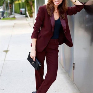 Women 2 Piece Suit Custom Made Red Cotton Blazer With High Waist Pant Party  Wear
