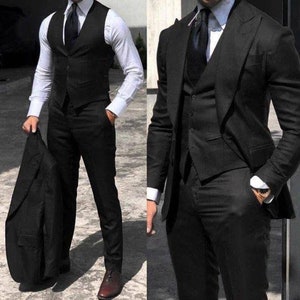 Slim Fit 2 Button Black Micro Texture Weave Notch Lapel Mens Suit Flat  Front Pants Fitted Vest Optional AZAR 