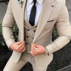 Beige Suits for Men, Men Suits 3 Piece, Slim Fit Suits, One Button