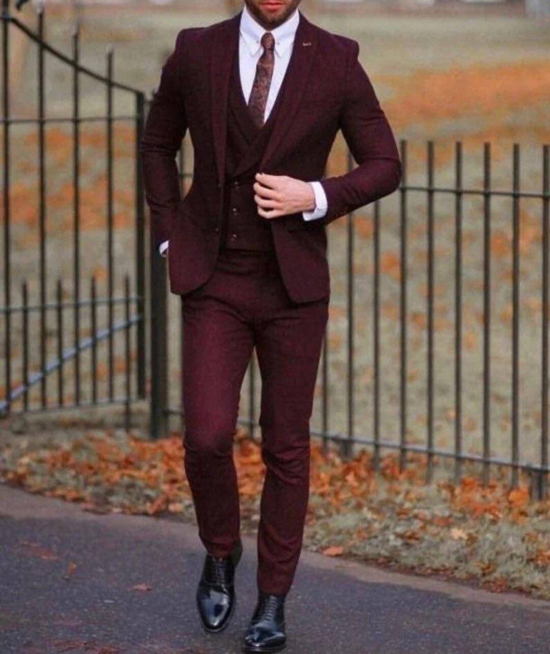 Men's Three-Piece Maroon Suit for Weddings