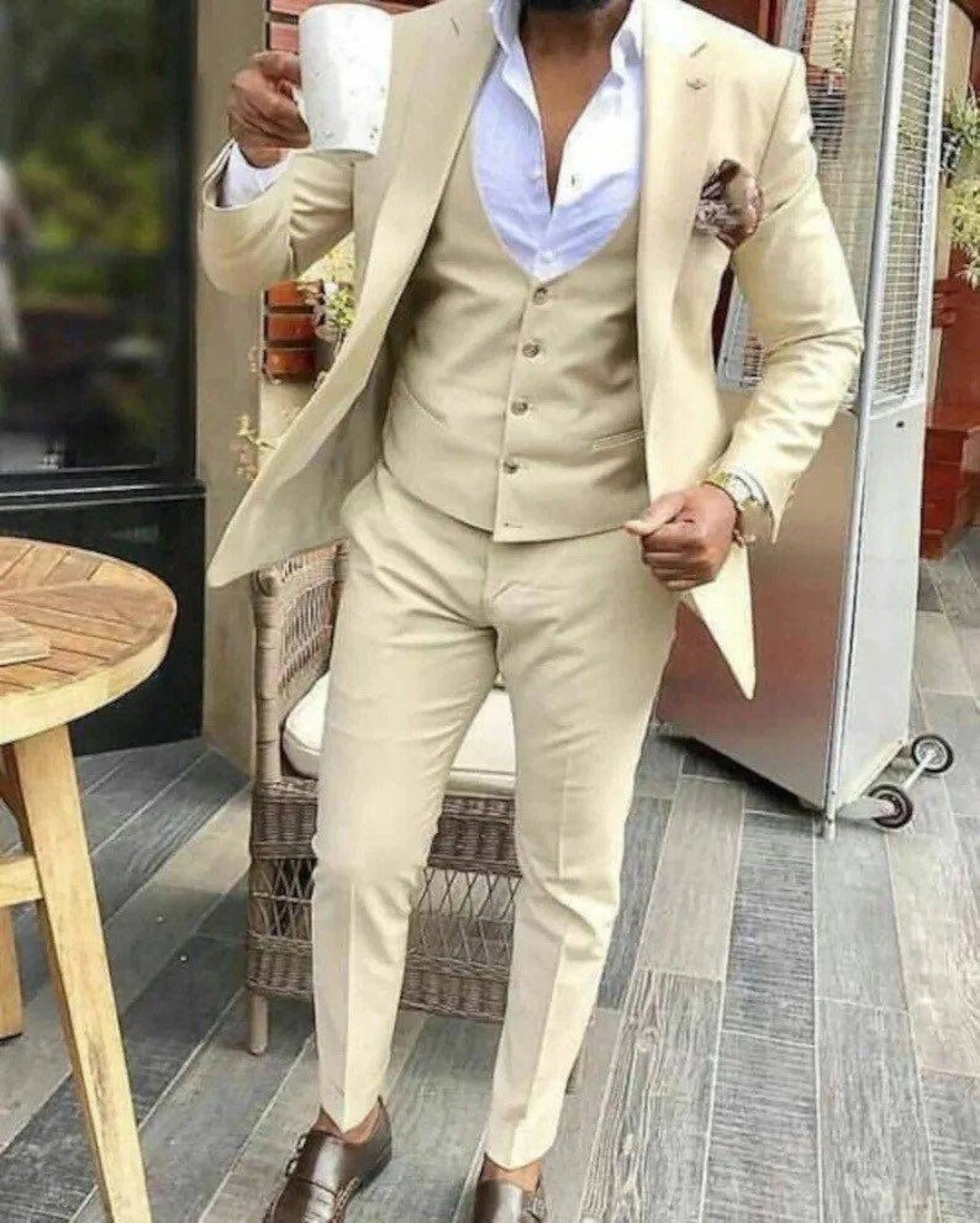 Cream Suits for Men, 3 Piece Suits, Slim Fit Suits, One Button Suits