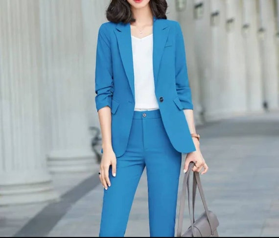 Light Blue Pantsuit for Women, Blazer Trouser Suit Set for Women, Pantsuit  With Oversized Blazer and Long Pants, Women's Business Suit - Etsy Denmark