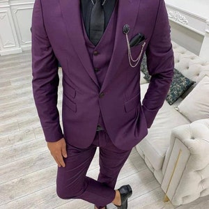 Purple Three Piece Suit , Tuxedo Wedding Suits for Men, Bespoke Wedding ...