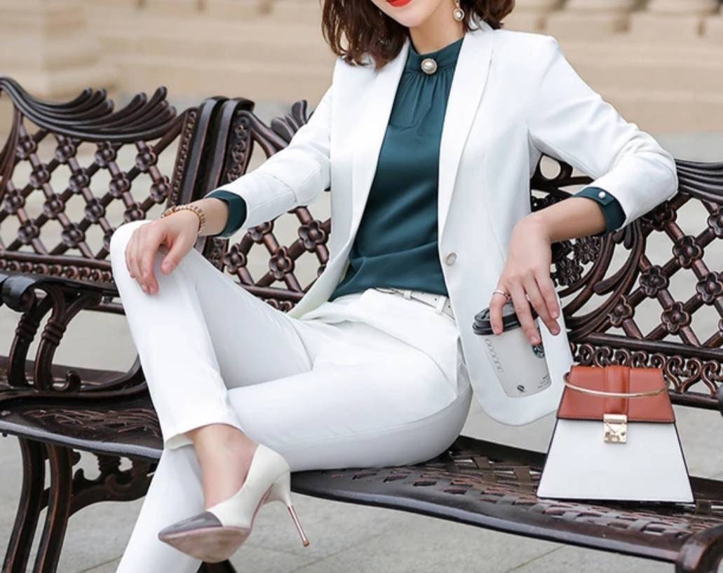 White Pantsuit for Women, Tall Women Pants With High Rise, Blazer