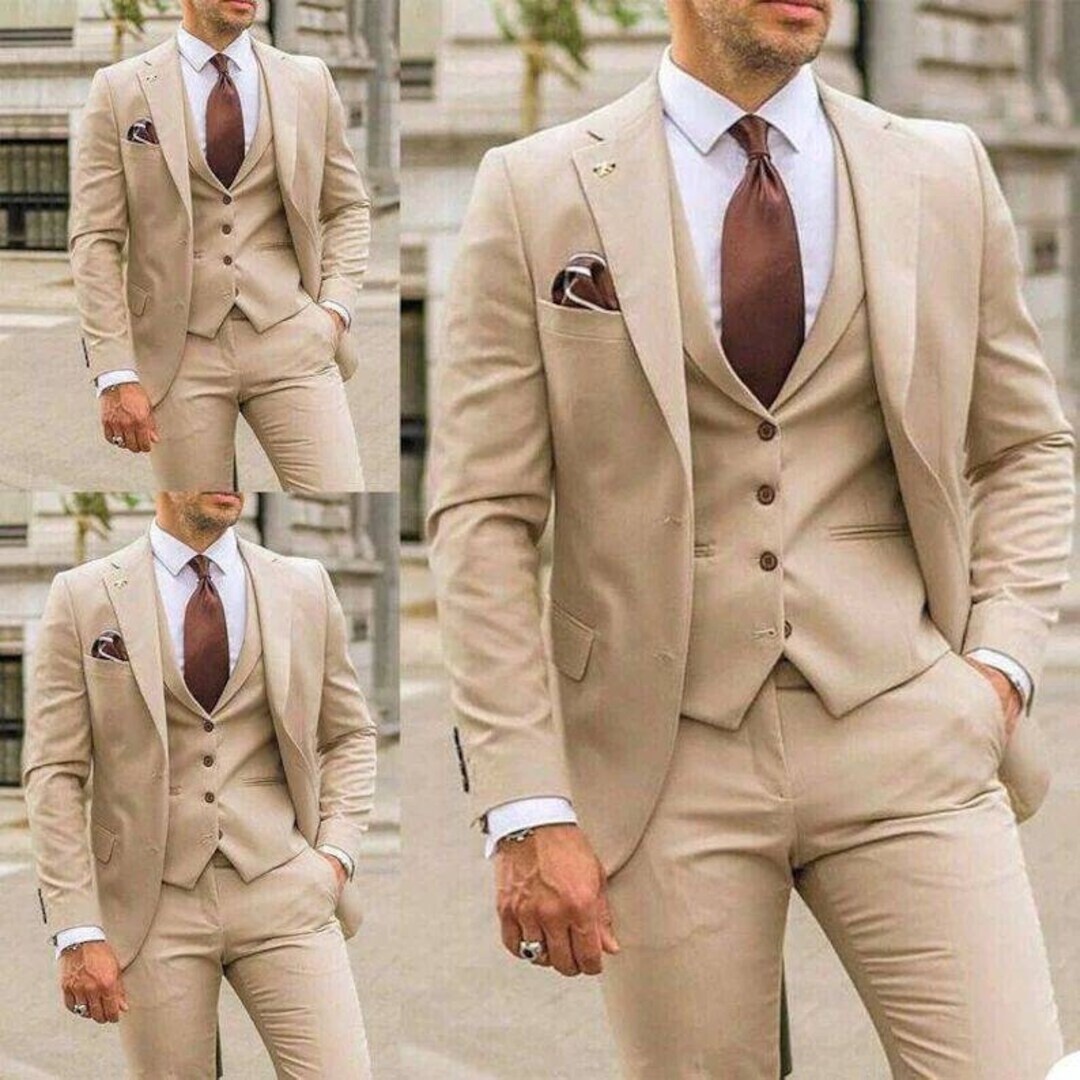 VINCI Men's Beige 3pc 2 Button Slim Fit Tuxedo Suit w/ Matching Vest NEW |  eBay