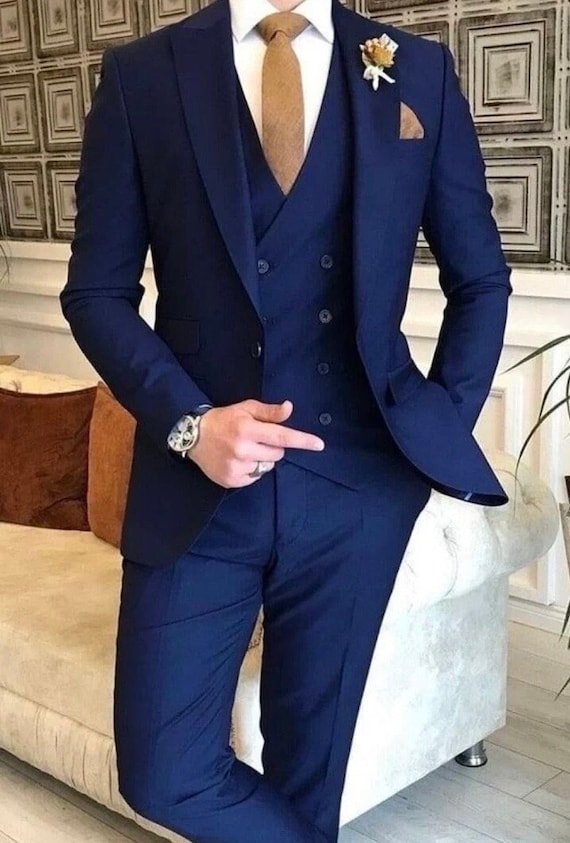 Suits for Men, Navy Blue Three Piece Wedding Suit, Formal Fashion
