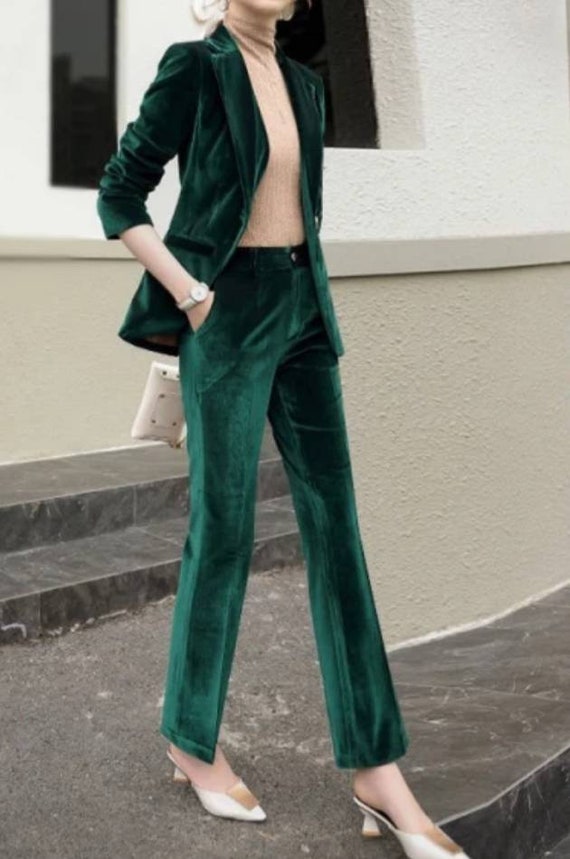 Green Velvet Suit for Women/two Piece Suit/top/womens Suit/womens Suit  Set/wedding Suit/ Womens Coats Suit Set 