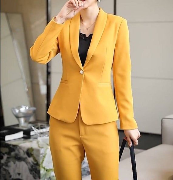 Yellow Blazer Blouse and Pant Suit Set | Yellow blazer, Yellow work outfit,  Pantsuit