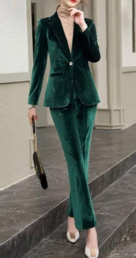 Green Velvet Suit for Women/two Piece Suit/top/womens Suit/womens Suit Set/wedding  Suit/ Womens Coats Suit Set 