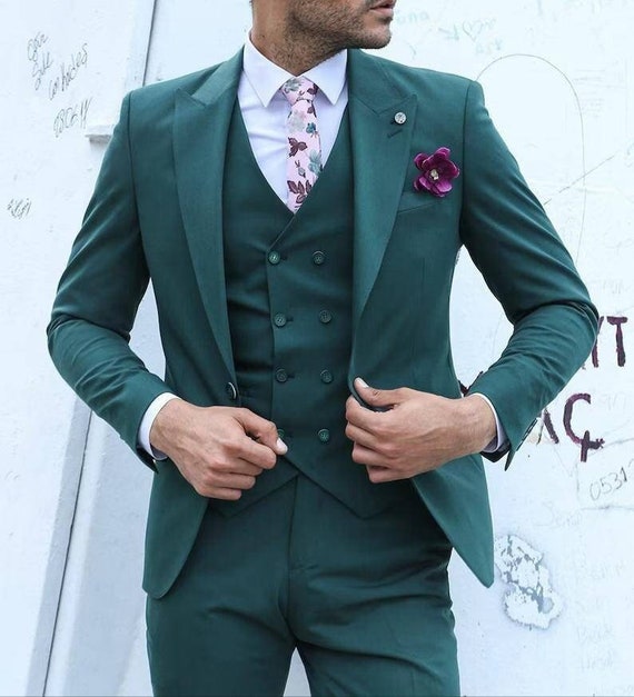 Green Three Piece Suit , Tuxedo Wedding Suits for Men ,bespoke Wedding Suit  ,groomsmen Suits , Men's Suits -  Canada