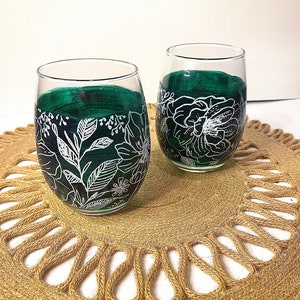 Hand Painted Wine Glass Floral Stemless Wine Glass image 2