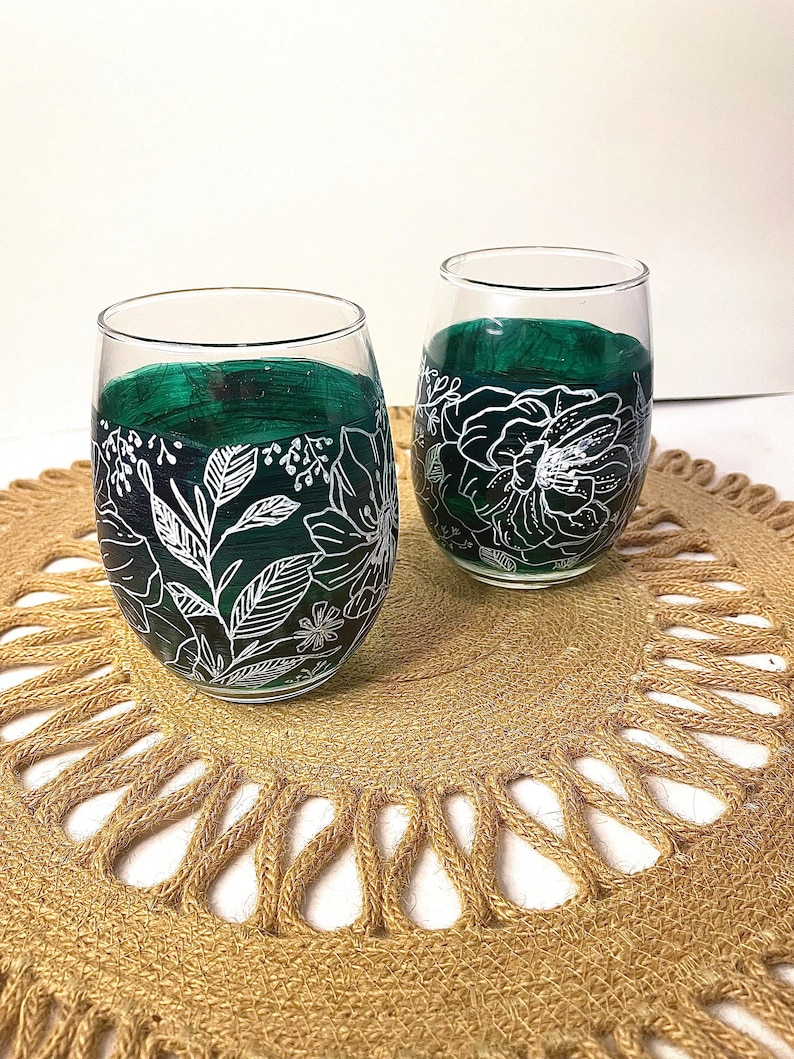 Hand Painted Wine Glass Floral Stemless Wine Glass image 2