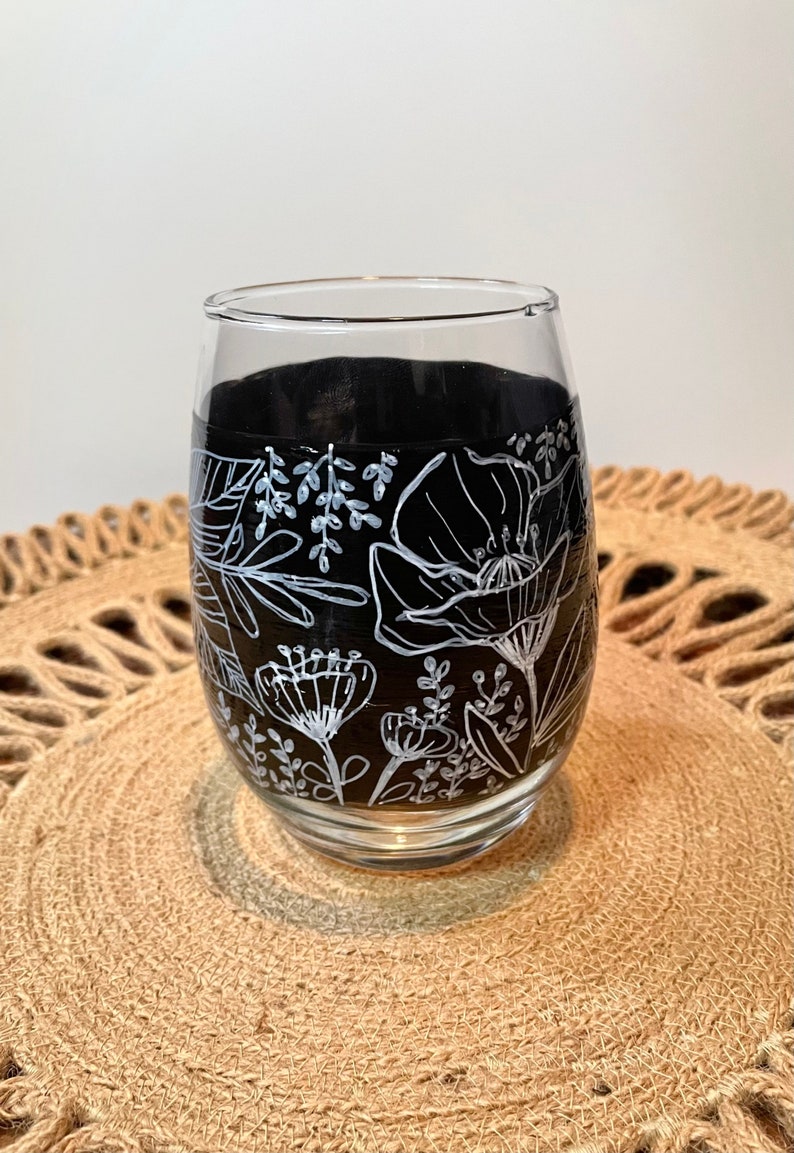 Hand Painted Wine Glass Floral Stemless Wine Glass image 4