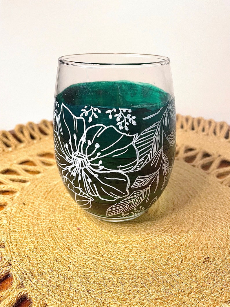 Hand Painted Wine Glass Floral Stemless Wine Glass image 8