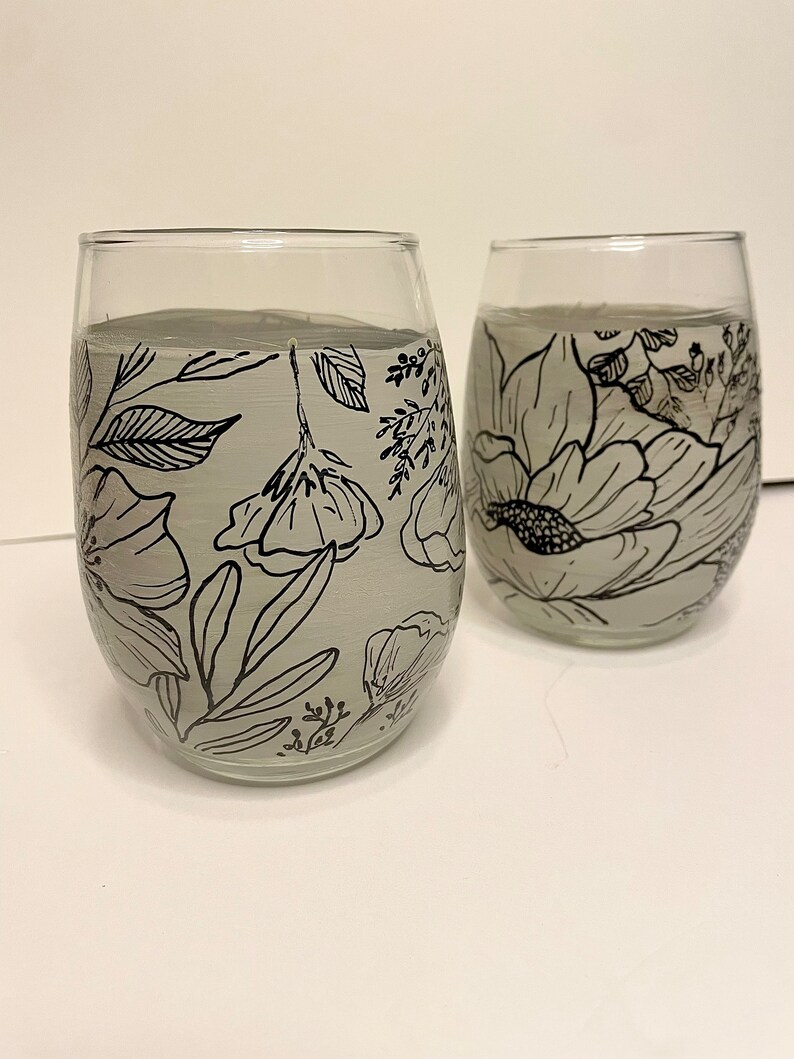 Hand Painted Wine Glass Floral Stemless Wine Glass image 3