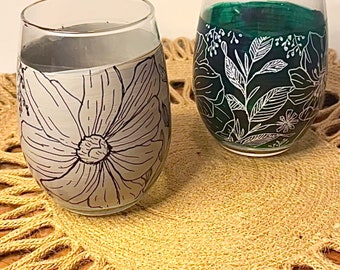 Hand Painted Wine Glass | Floral | Stemless Wine Glass