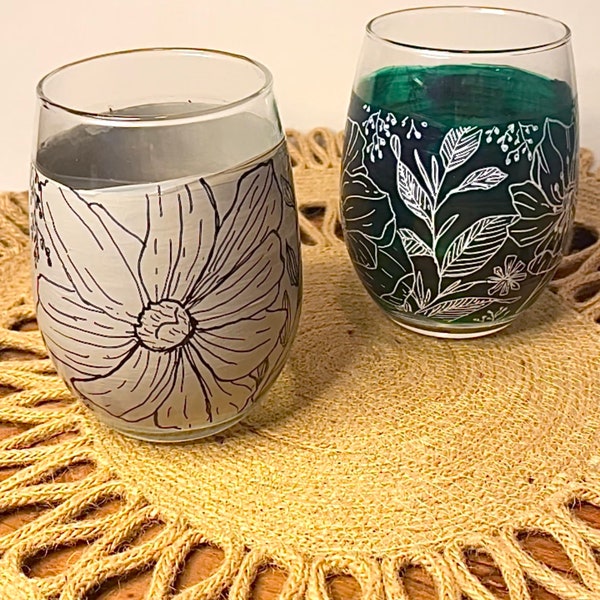 Hand Painted Wine Glass | Floral | Stemless Wine Glass
