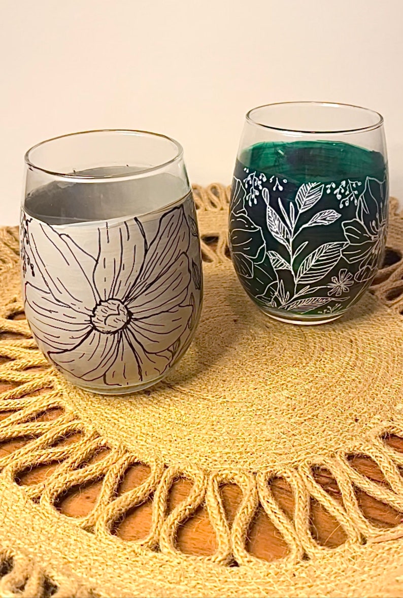 Hand Painted Wine Glass Floral Stemless Wine Glass image 1