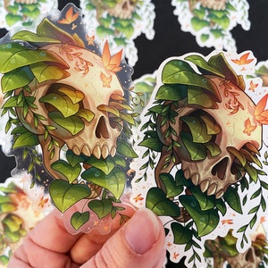 Skull and Plants Sticker - Transparent Sticker - Vinyl Sticker - Waterproof - Nature - Plants - Death - Life and Death - Butterflies
