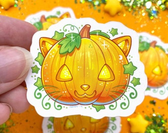 Adesivo de gato de abóbora: Gatinho Jack-O-Lantern de Halloween - Vinil à prova d'água recortado