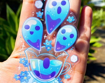 Blue Ghost Teacup Sticker: Waterproof Fantasy Art