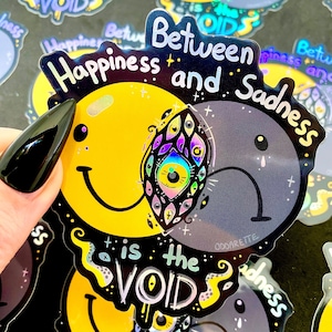 Naklejka holograficzna Edgy Emotions: Wesoła, smutna buźka, wodoodporna, winylowa