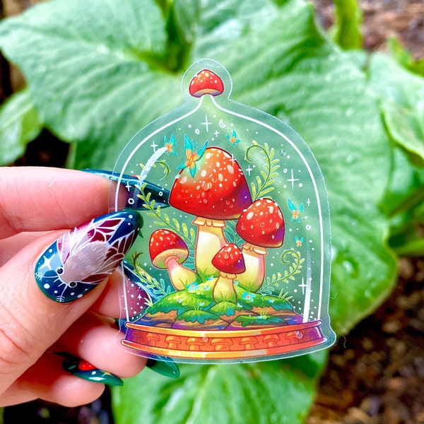 Mushroom Terrarium Sticker - Waterproof Vinyl Sticker - Dishwasher Safe - Toadstools - Transparent - Cottagecore - Fantasy - Fungus