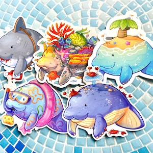 Manatee Stickers Series 3 - Ocean Friends - Coral Reef Manatee - Island Manatee - Whale Manatee - Shark Manatee - Waterproof