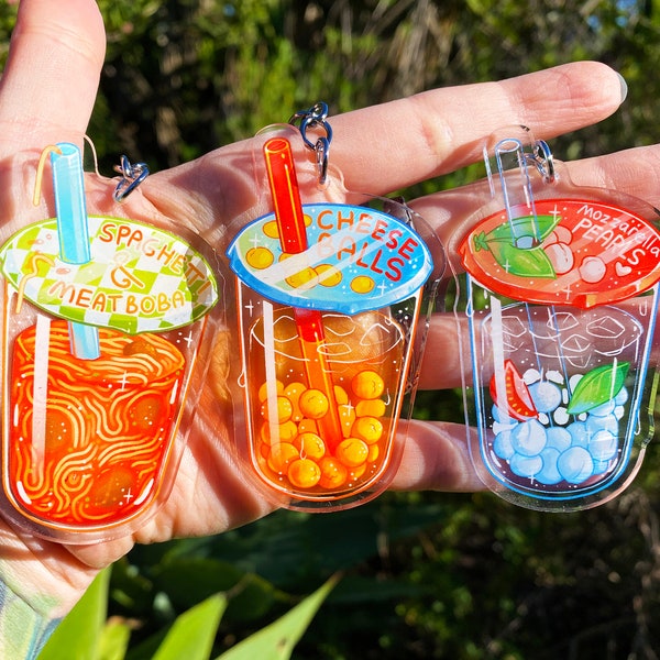 Cursed Boba Keychain - Cheese Balls - Spaghetti and Meatballs - Mozzarella Pearls Acrylic Keychain - Waterproof