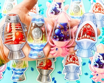 Sea Creature Lava Lamp Stickers: Manatee, Shark, Squid, Fish