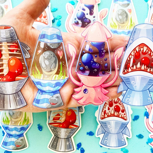 Sea Creature Lava Lamp Stickers: Manatee, Shark, Squid, Fish