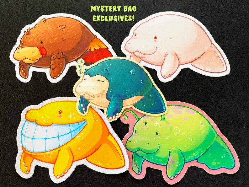 May include: Five colorful stickers featuring cartoon manatees. The stickers are all different colors and have different expressions. The stickers are all about 4 inches wide.  "Mystery Bag Exclusives!" is written at the top of the image.
