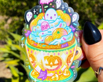 Pumpkin Teacup Cake Vinyl Sticker - Waterproof Halloween Treat