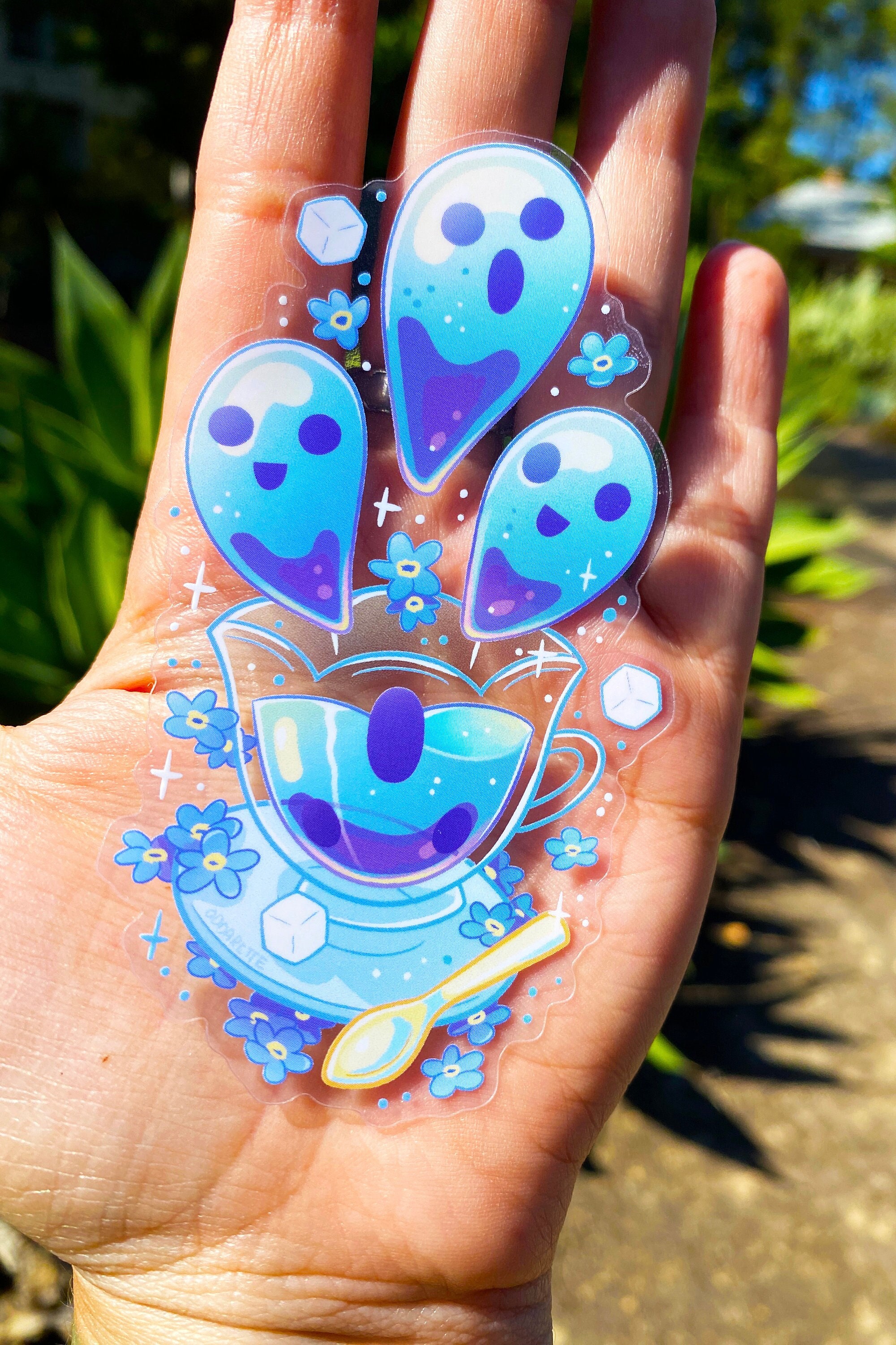 Blue Ghost Teacup Sticker: Waterproof Fantasy Art