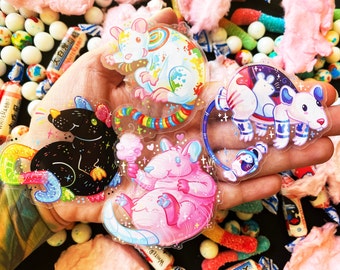 Candy Rats Vinyl Stickers Part 1: Jawbreaker, Gummy Worm, Cotton Candy - Transparent Rodent Art