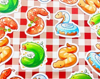 Adesivi serpenti alimentari - Adesivi opachi - Serpenti carini - Illustrazioni di serpenti - Animali alimentari - Cetrioli sottaceto - Salame - Baguette - Rotolo alla cannella