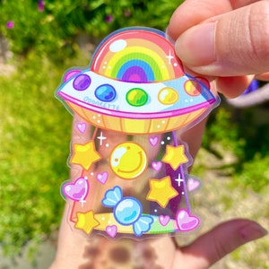 Rainbow UFO Sticker - Transparent Sticker - Vinyl Sticker - Die Cut Sticker - LGBT Aliens - Sci Fi - Trippy UFO