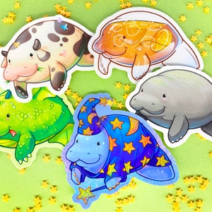 Manatee Stickers Series 2 - Five Manatee Stickers - Wizard Manatee - Dragon Manatee - Manatea - Plain Manatee - Sea Cow - Waterproof