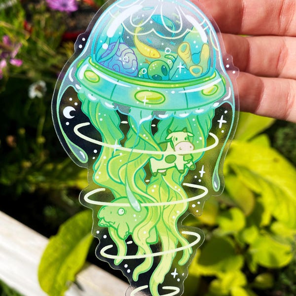 UFO Jellyfish Sticker - Waterproof Vinyl Sticker - Dishwasher Safe - Aliens - Extraterrestrials - Cow Abduction - Manatee