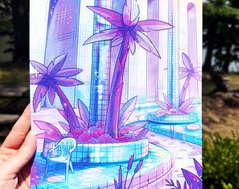Vaporwave Pool Room Print - Lazy River Illustration - 8x10in