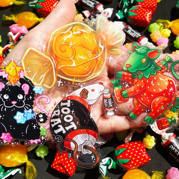 Stickers Candy Rats Part 2 - Caramel - Bonbons à la fraise - Rouleau Tootsie - Konpeito - Barbe à papa - Stickers transparents - Vinyle