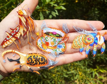 Porcelain Bugs Stickers - Transparent Stickers - Hercules Beetle - Tea Bee - Teacup - Praying Mantis - Fancy Filigree