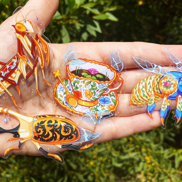 Porcelain Bugs Stickers - Transparent Stickers - Hercules Beetle - Tea Bee - Teacup - Praying Mantis - Fancy Filigree