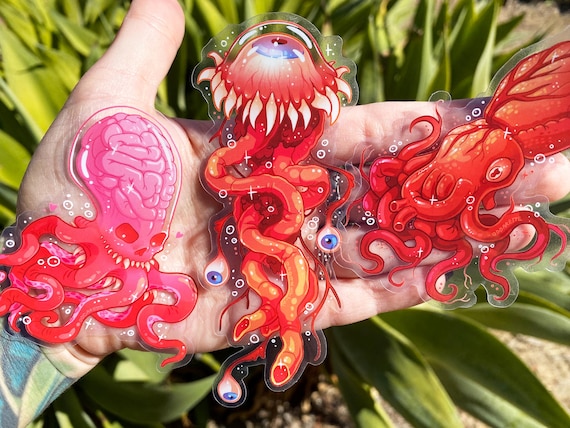 Horror Sea Creature Stickers: Jellyflesh, Heart Squid, Brain Octopus - Transparent