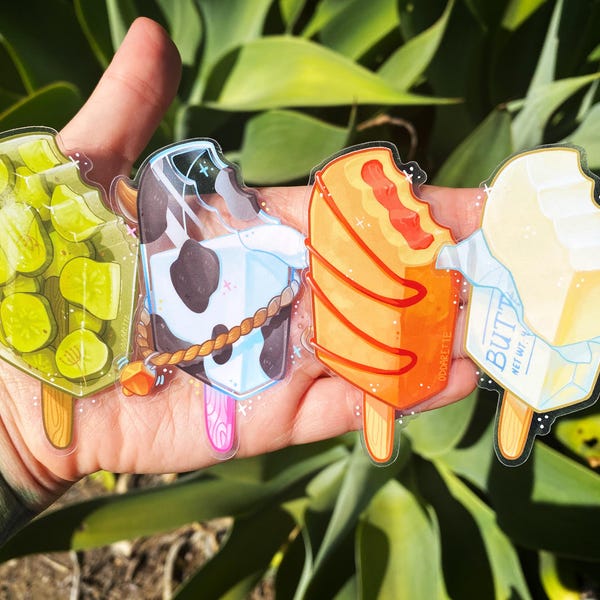 Popsicle Stickers - Transparent Stickers - Popstickles - Butter - Pickles - Milk - Corndog - Silly Foods - Weird